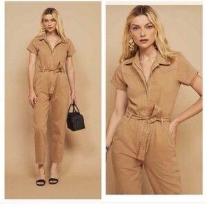 Reformation Kenny Boiler Camel Color Belted Short Sleeve Jumpsuit